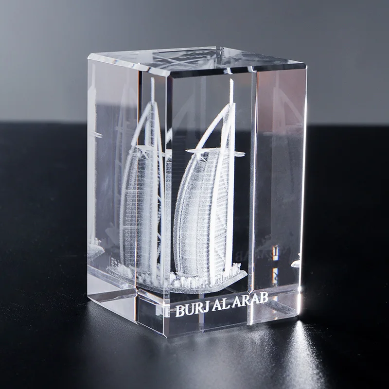 Hot Sale Dubai Hotel Building Crystal Cubes 3D Laser Engraved Religious Block Model Polished Technique souvenirs gift tourists factory