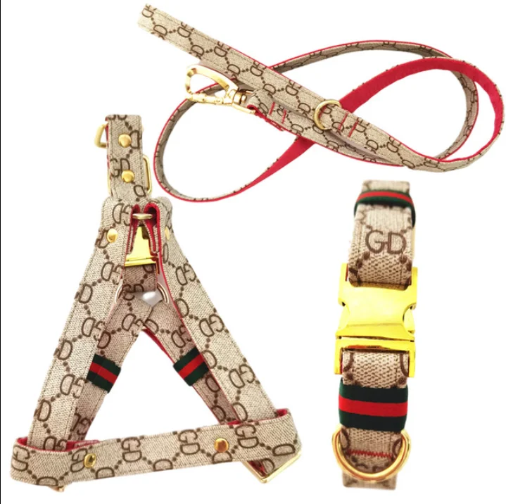 

Popular famous brand LOGO design Luxury metal buckle pet collar harness leash set