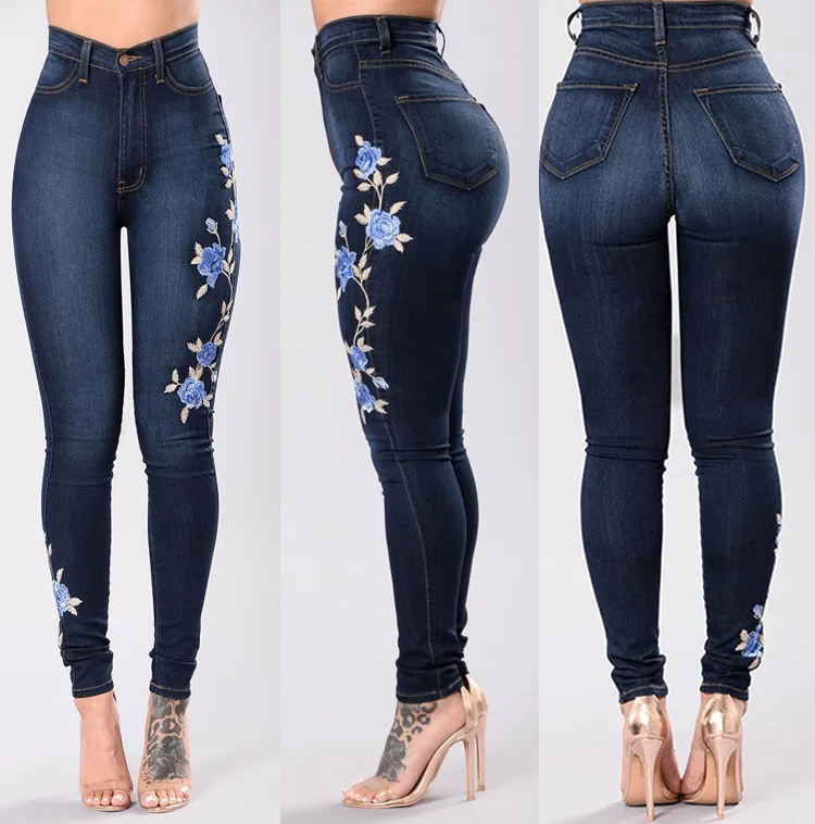 High Waist Plus Size Embroidery Denim Pencil Pants Skinny Jeans Stretch ...