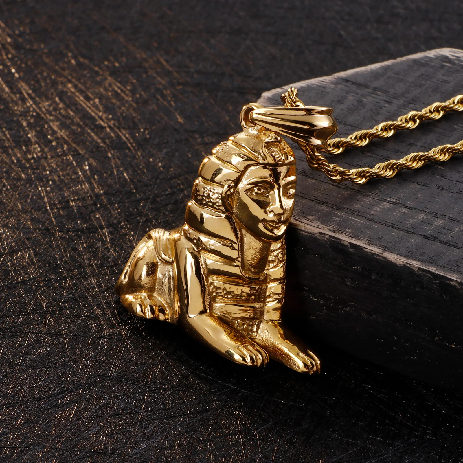 baique不锈钢镀金狮身人面像埃及吊坠男
