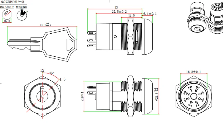 Key Switch 19mm Zinc Alloy Metal Switch with Key Knob 6 Positions Lock ...
