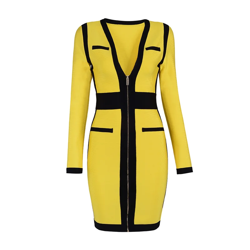 Yellow Long Sleeve V-Neck Rayon Spandex Bandage Dress Mini Patchwork Bodycon Dresses