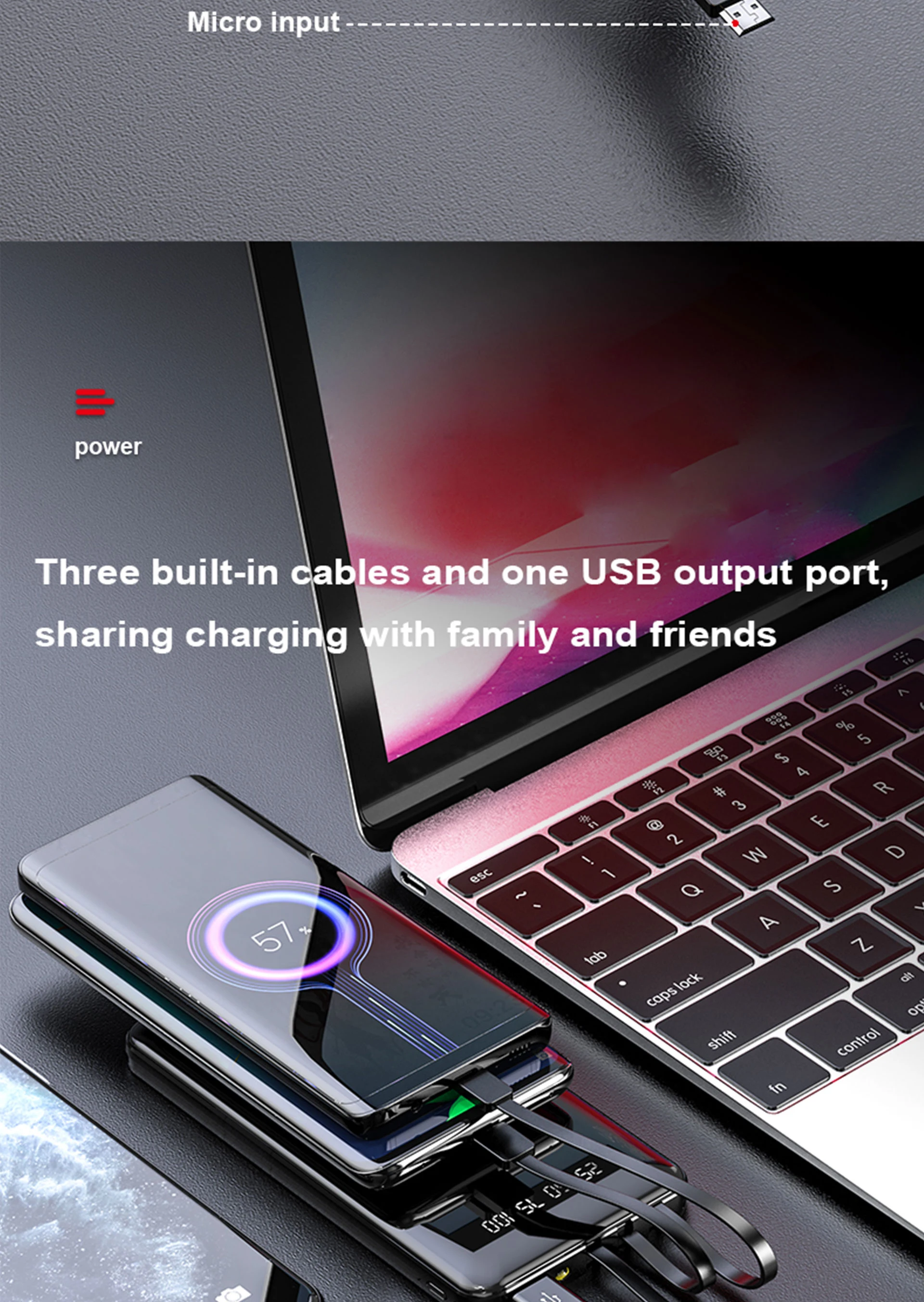 New Custom Full Mirror Screen Power Bank 10000mah LED Display, Fast Charging Power Banks, Sharing Type c powerbank with cable - ANKUX.COM