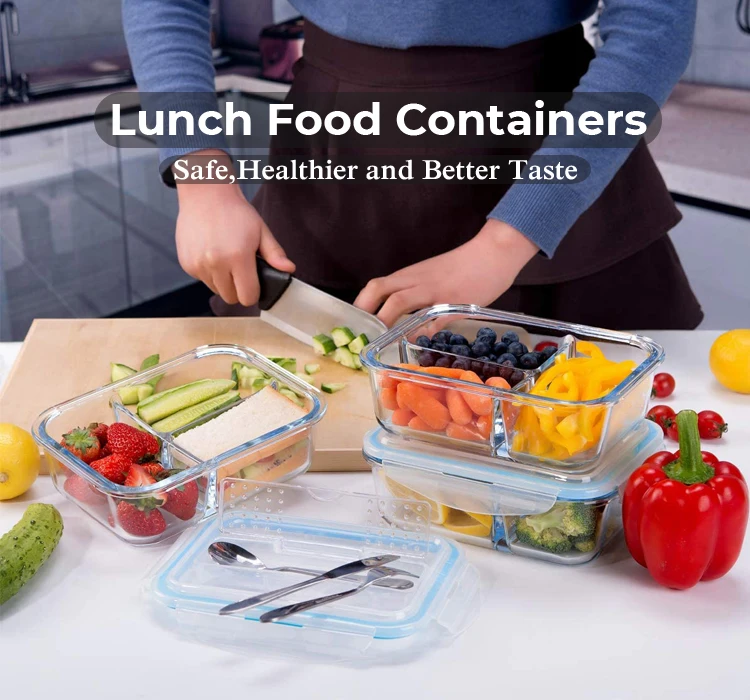 Glass Meal Prep Containers 3 Compartment Bento Box Lunch Box Set
