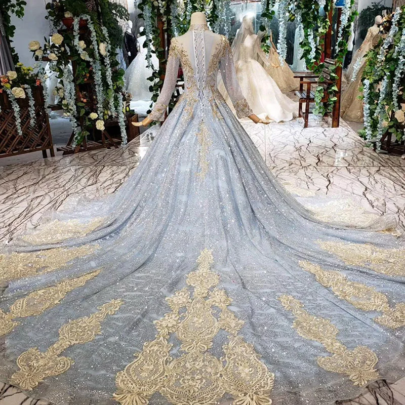 Real Photos Golden Lace Light Blue Ball Gowns Wedding Dress Bridal Dresses Long Sleeve Beading Dress Custom