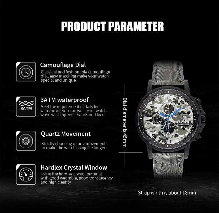 402 Latest camouflagedial fashion style men sport watch 3 atm water resistant wrist watch