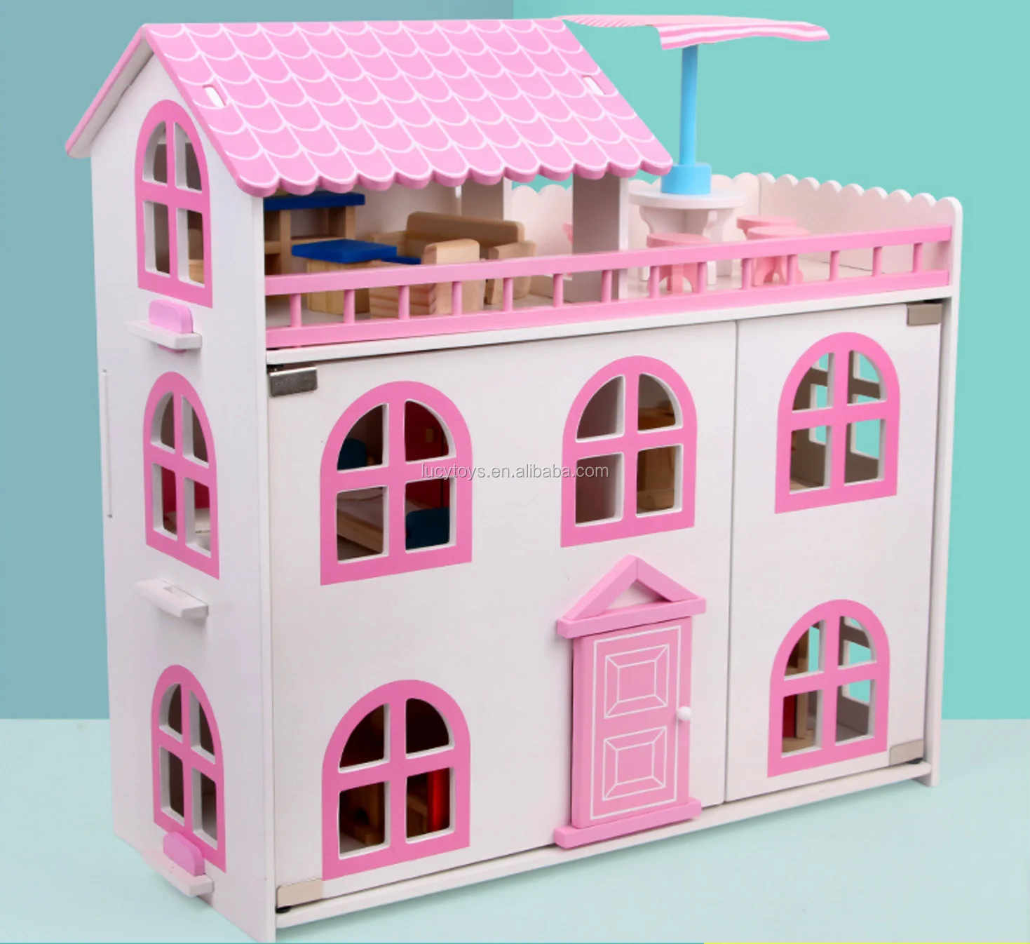 热卖木制女孩粉红色娃娃屋diy微型家具玩具套装