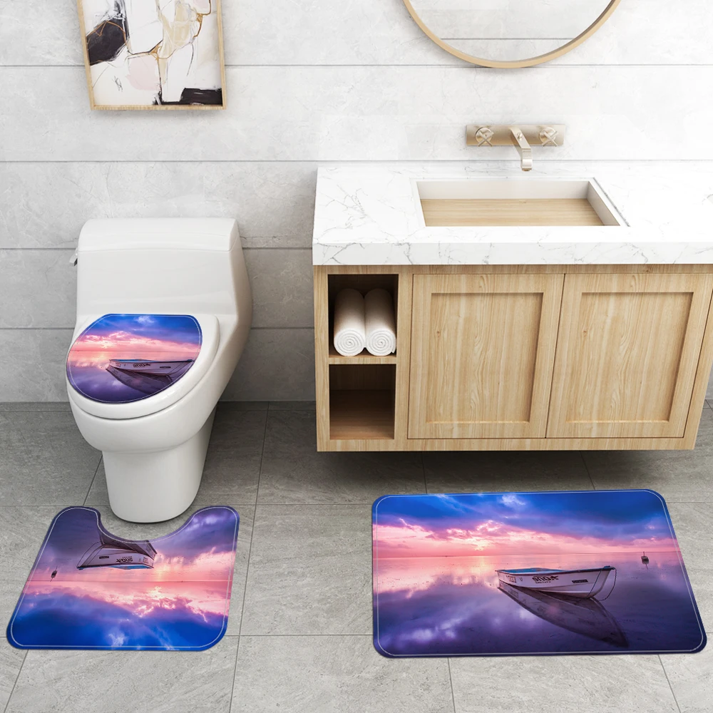 Amazon hot selling waterproof polyester fabric 4 piece bathroom rug mat and shower curtain sets
