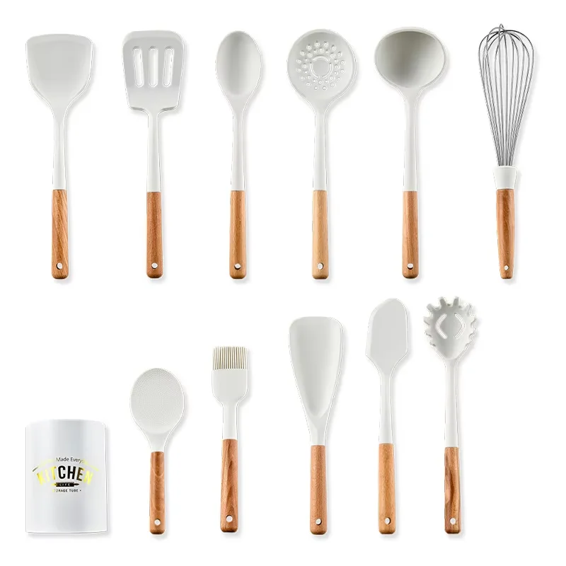 product new milky white wooden handle silicone kitchenware set non stick cooking spatula set-2
