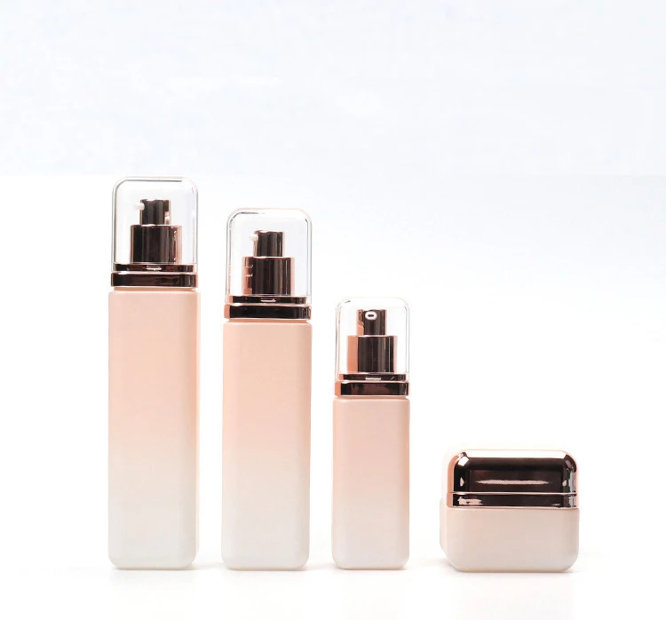 Luxury Cosmetic square glass bottle set -- skincare container manufacturer-- aluminum  with pump&spray&gold cap supplier