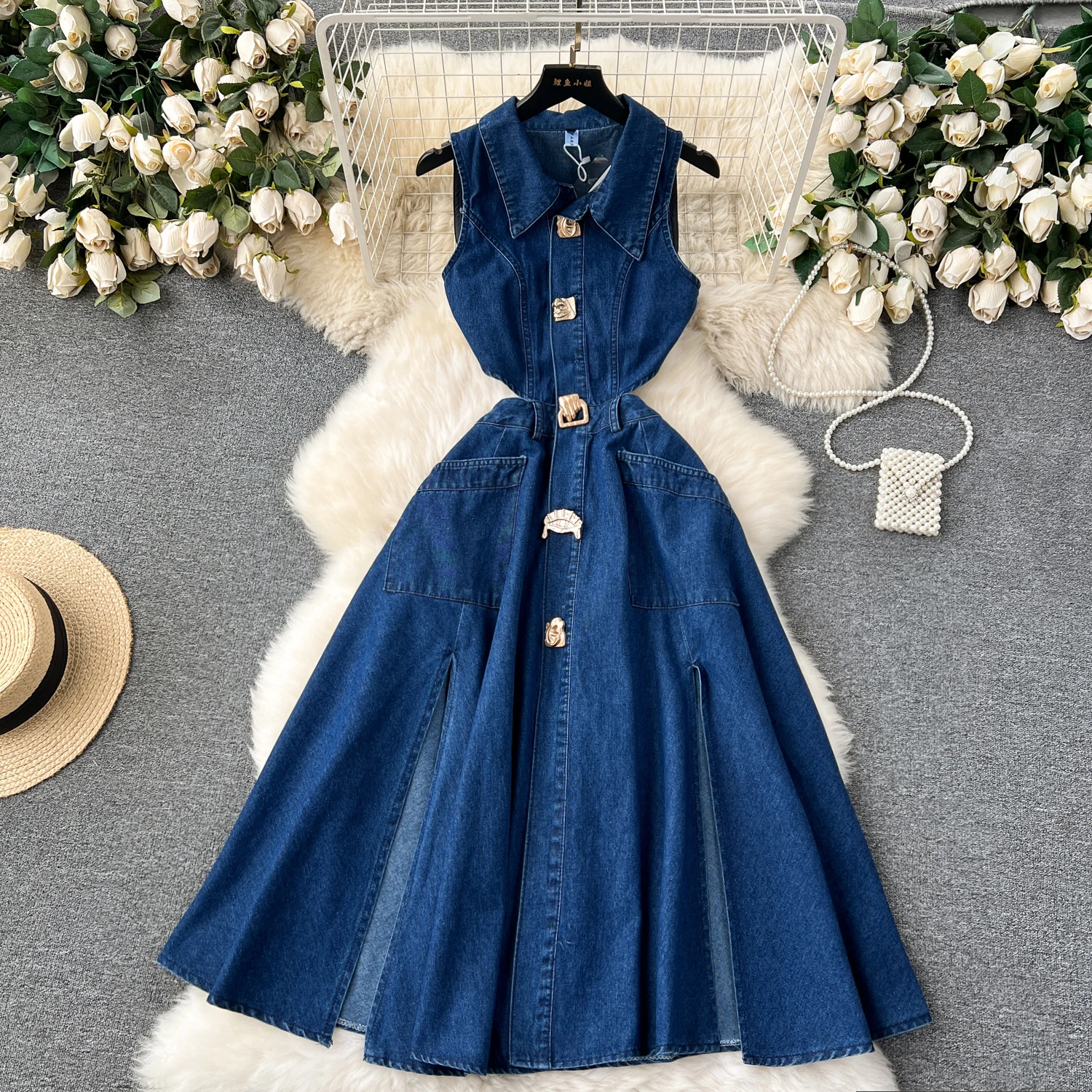 casual midi dress with slit Puff Sleeve Split Hem Midi Dress