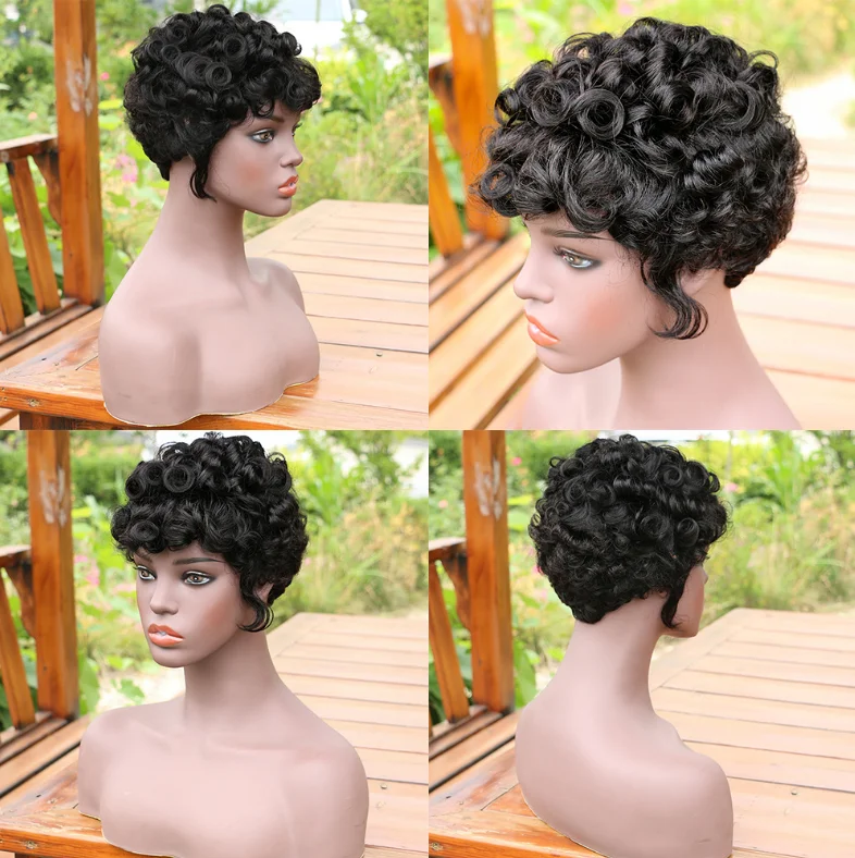 Cheap Short Curly Human Hair Wigs For Females,Non Lace Natural Black Color 100 Curly Brazilian