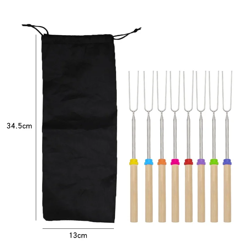BBQ Festival Korean Outdoor Stainless Steel Polished Telescopic Barbecue Fork U-Shaped Wooden Handle Stick Skewers Portable details
