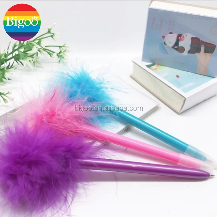 Colorful pompom ballpoint pen with feather color matched barrel color 0.7mm refill for promotional or gift