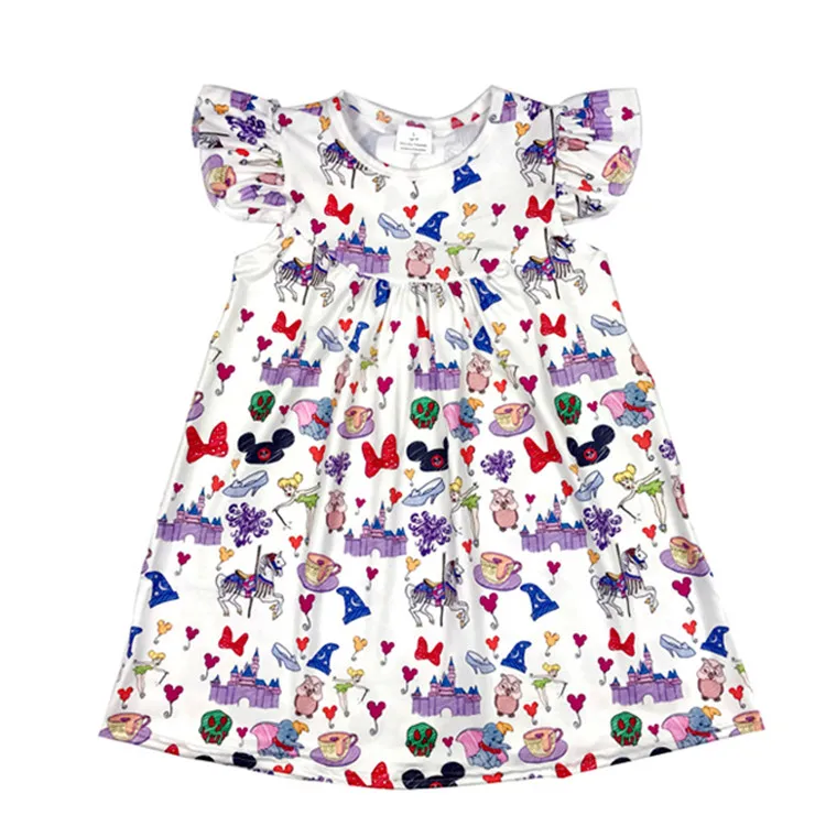 Rts Good Quality Girl Flutter Dress Boutique Kids Clothing Milk Silk Fabric Children Dinosaurs