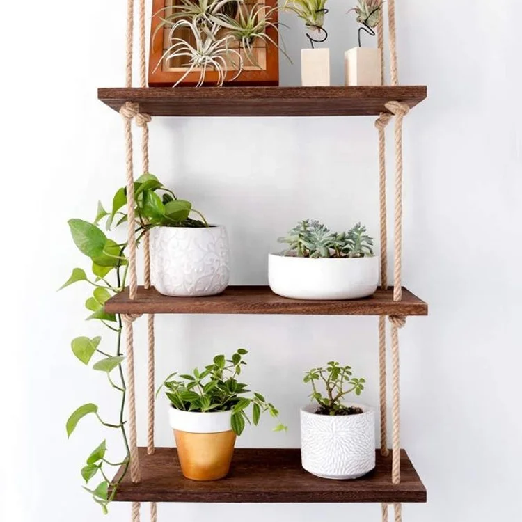 Customized size 3 tiers of wooden shelf attached with strong rope