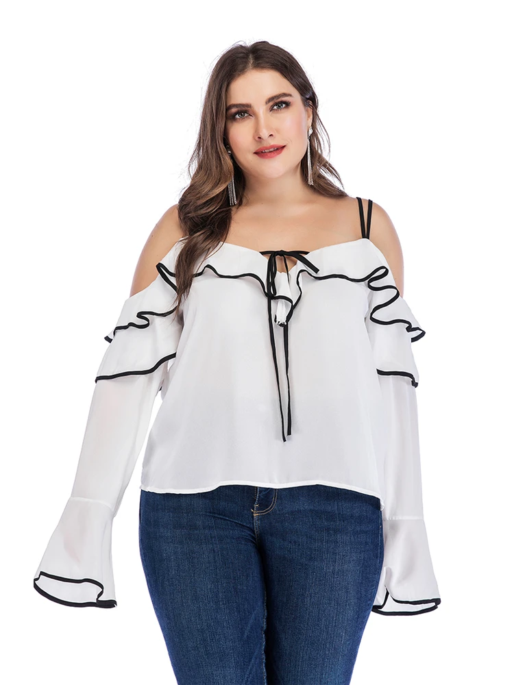 Summer Ladies Tops With Straps Sexy Ruffles Off Shoulder Long Flare