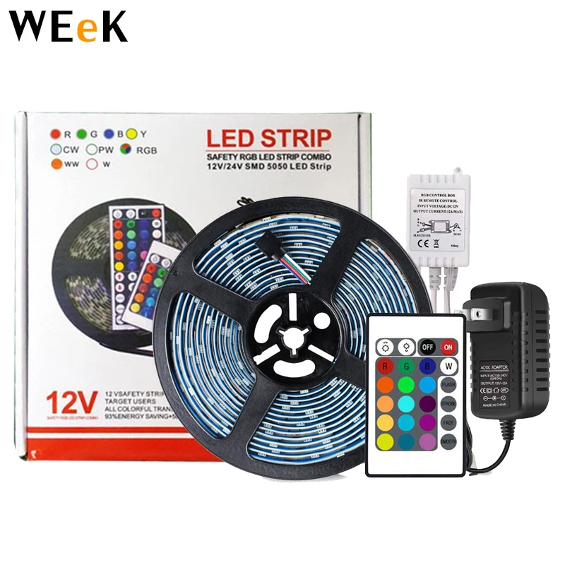 LED Strip Lights 5M/16.4 Ft SMD 5050 RGB 150 LED with Flexible Strip Light 24 Key IR Remote Control Power Supply