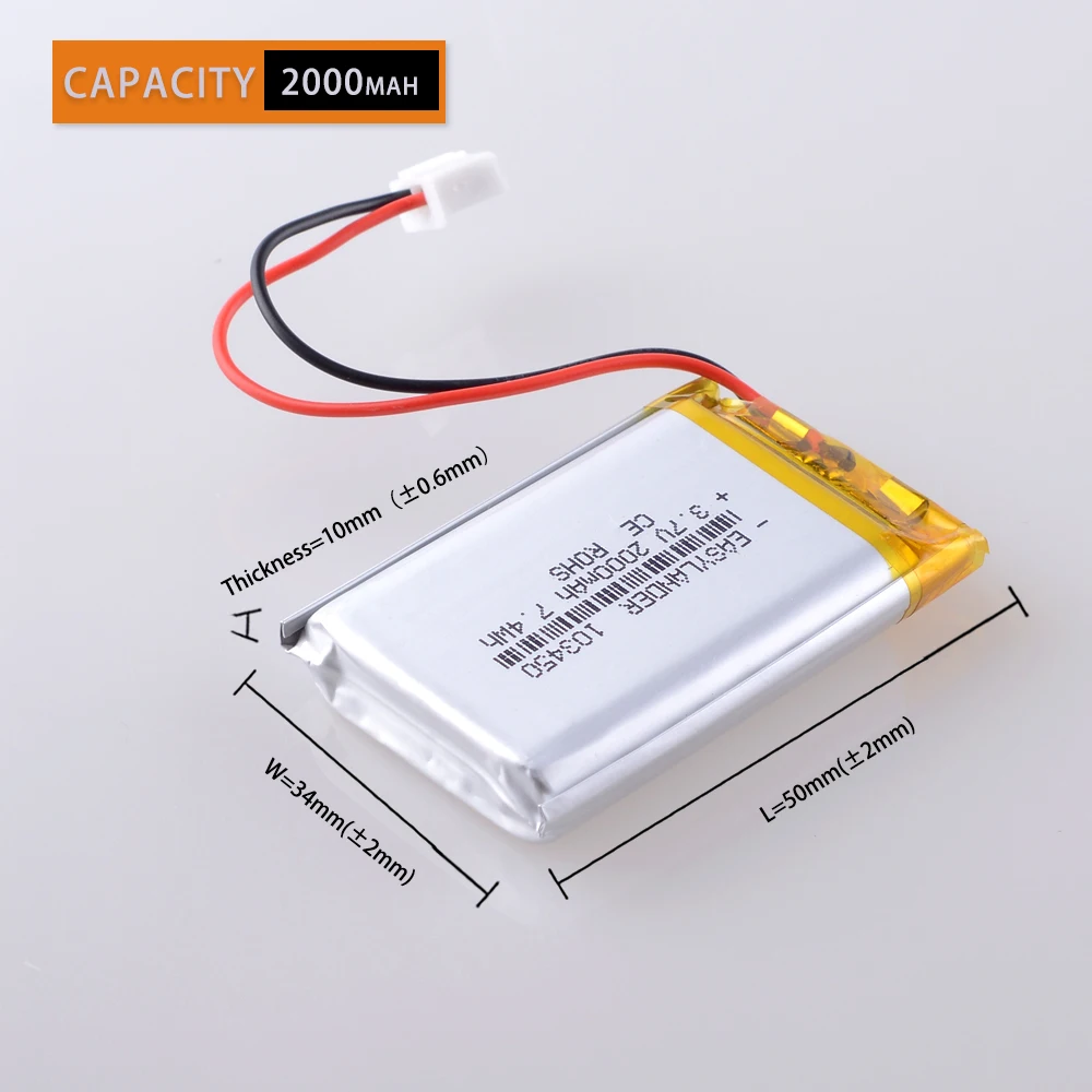 103450 3.7v 2000mah Jstph 2.54 2p High Capacity 3.7 V Lithium Polymer ...