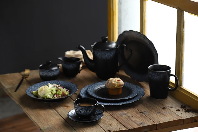 Matte Black Tea Pot Lid Oval Plate Ceramic Porcelain Dinnerware Set Odm
