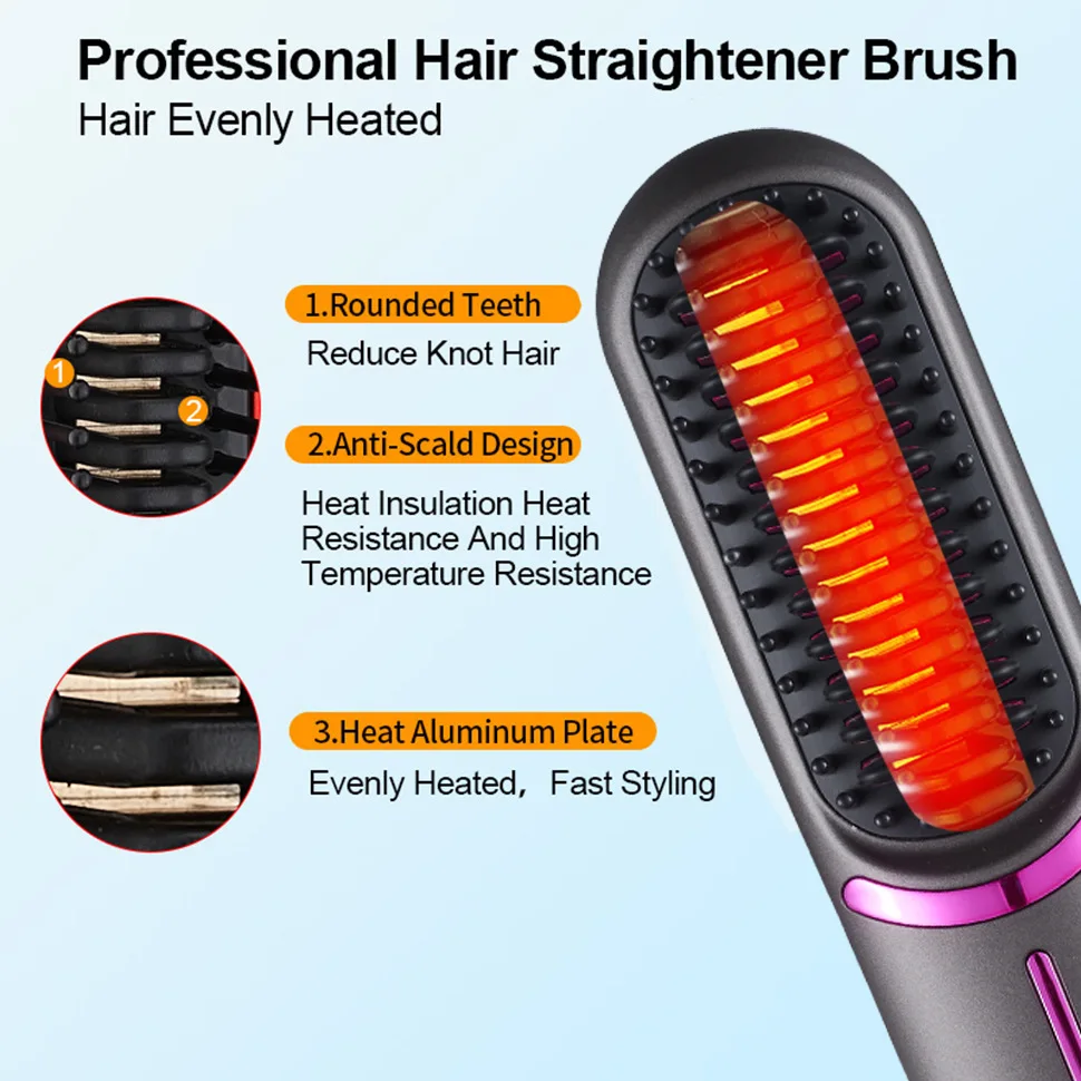 Professional Hair Straightener Heater Brush Rechargeable Brush For