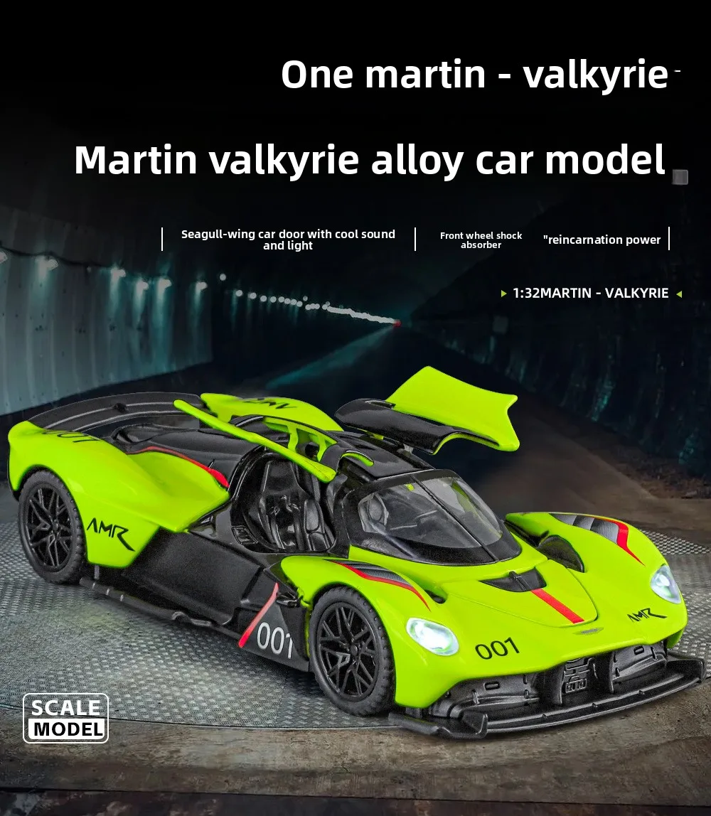 1:32 Sports Car Model Martin Valkyrie Metal Sound Light Pull-Back Seagull Wing Door Simulation Toy for Children