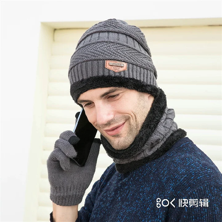 Winter 3 Piece Set Knit Beanie Hat Scarf Touch screen Ski Gloves Warm Men Women