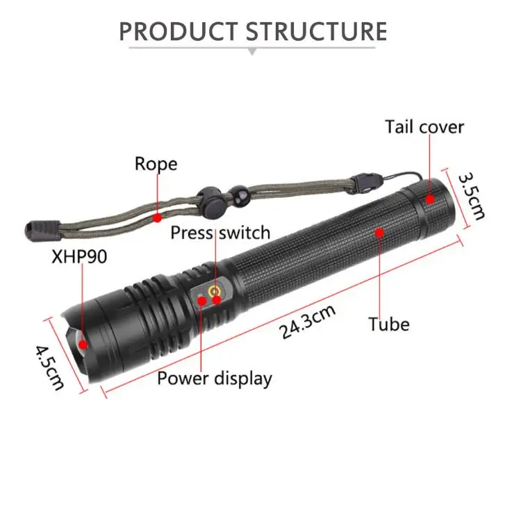 8000lm Long Range Torch Emergency Water Prove Xhp 90.2 Led Flashlight ...