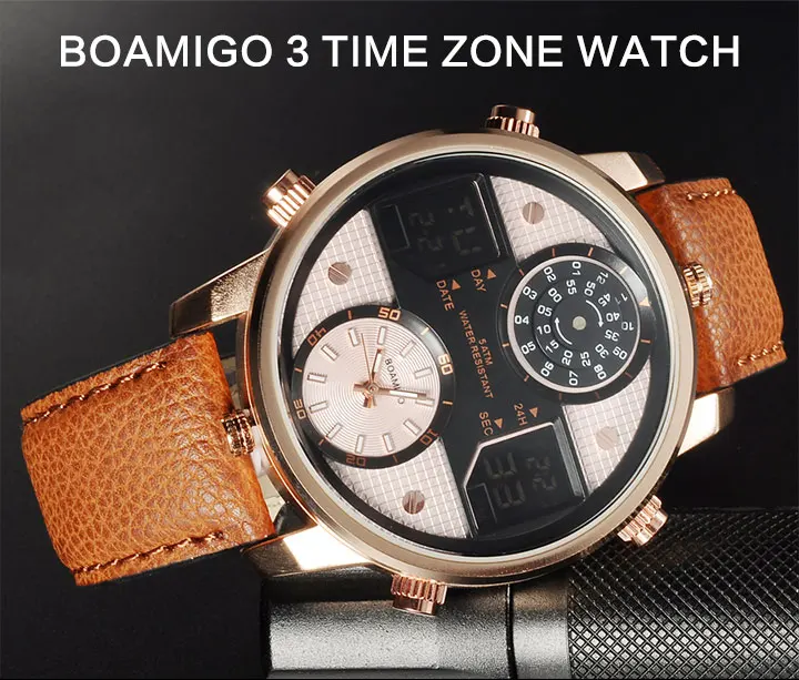 男士石英手表3时区手表BOAMIGO LED数字运动手表男皮革手表男士时钟F545