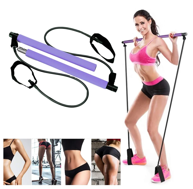 

Portable Pilates Bar Set Kit with Resistance Band Foot Strap Yoga Fitness Exercise Body Shaping Hipsline Pilates Bar Gym Stick, Pink,purple