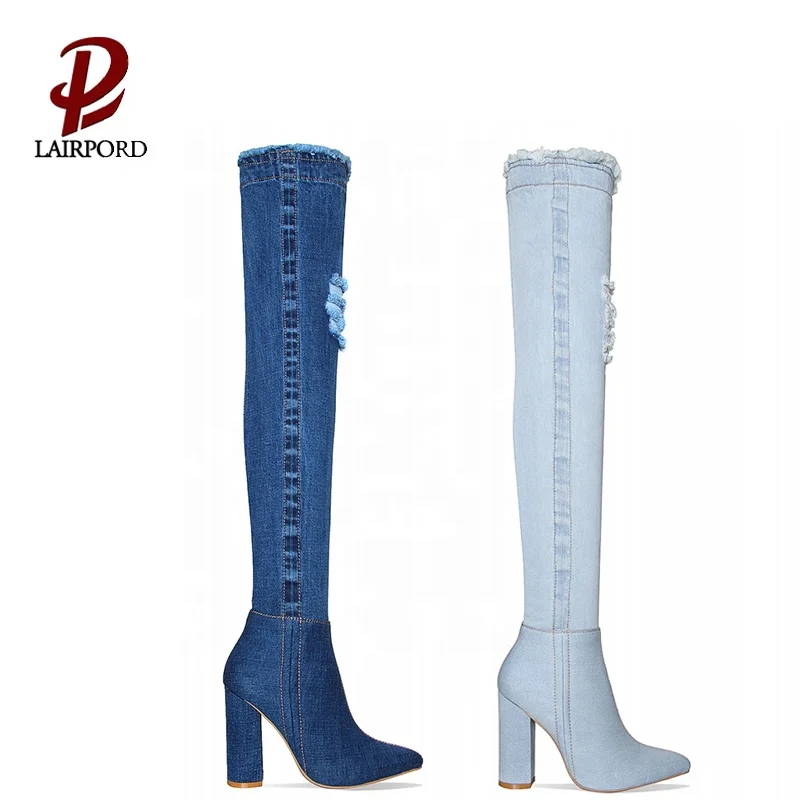 Hot Sale Mid Blue Jeans Boots With High 