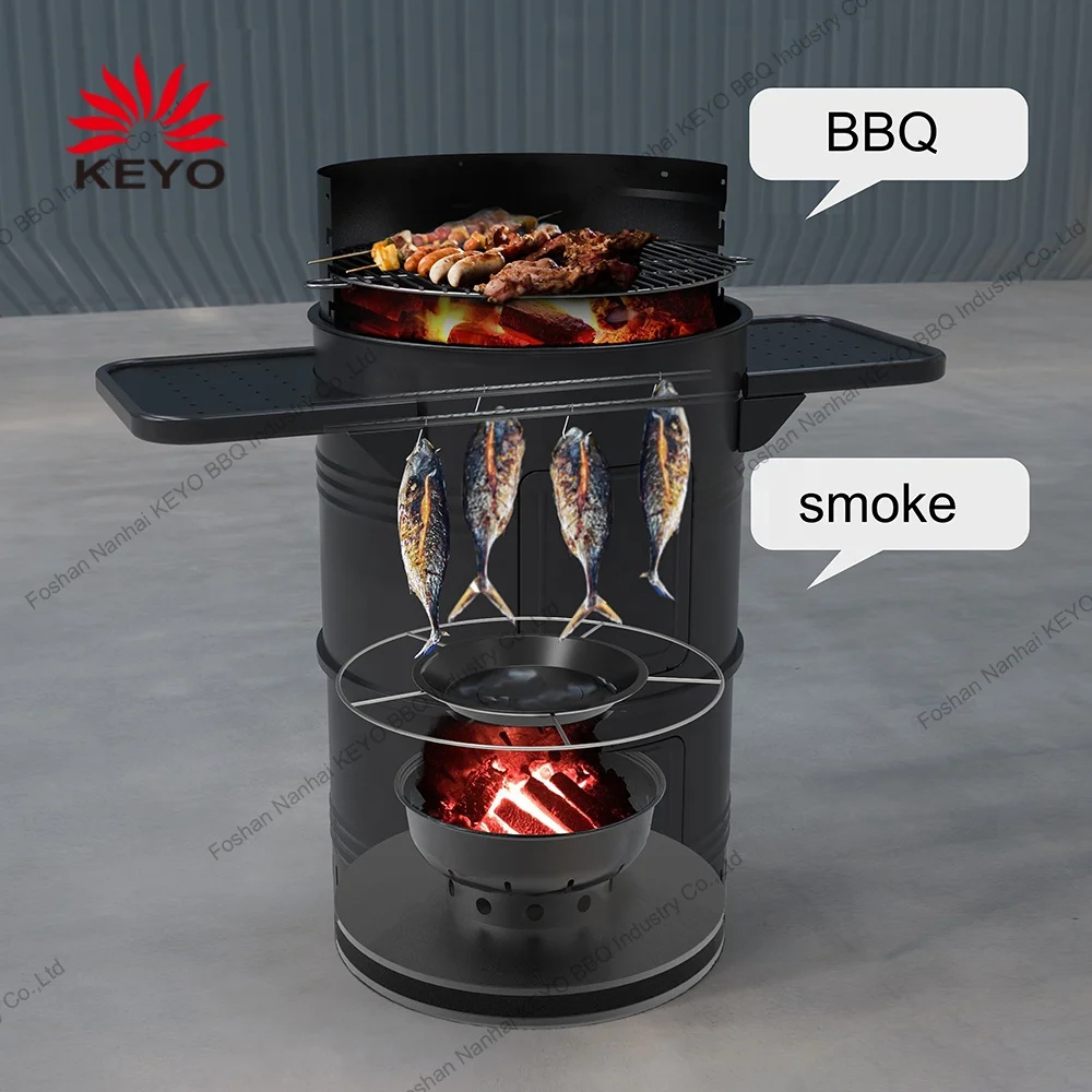 Smoker Barbecue Upgraded 14/16/18/20 Inch Vertical Drum Barrel Smoker BBQ Grills With Side Table