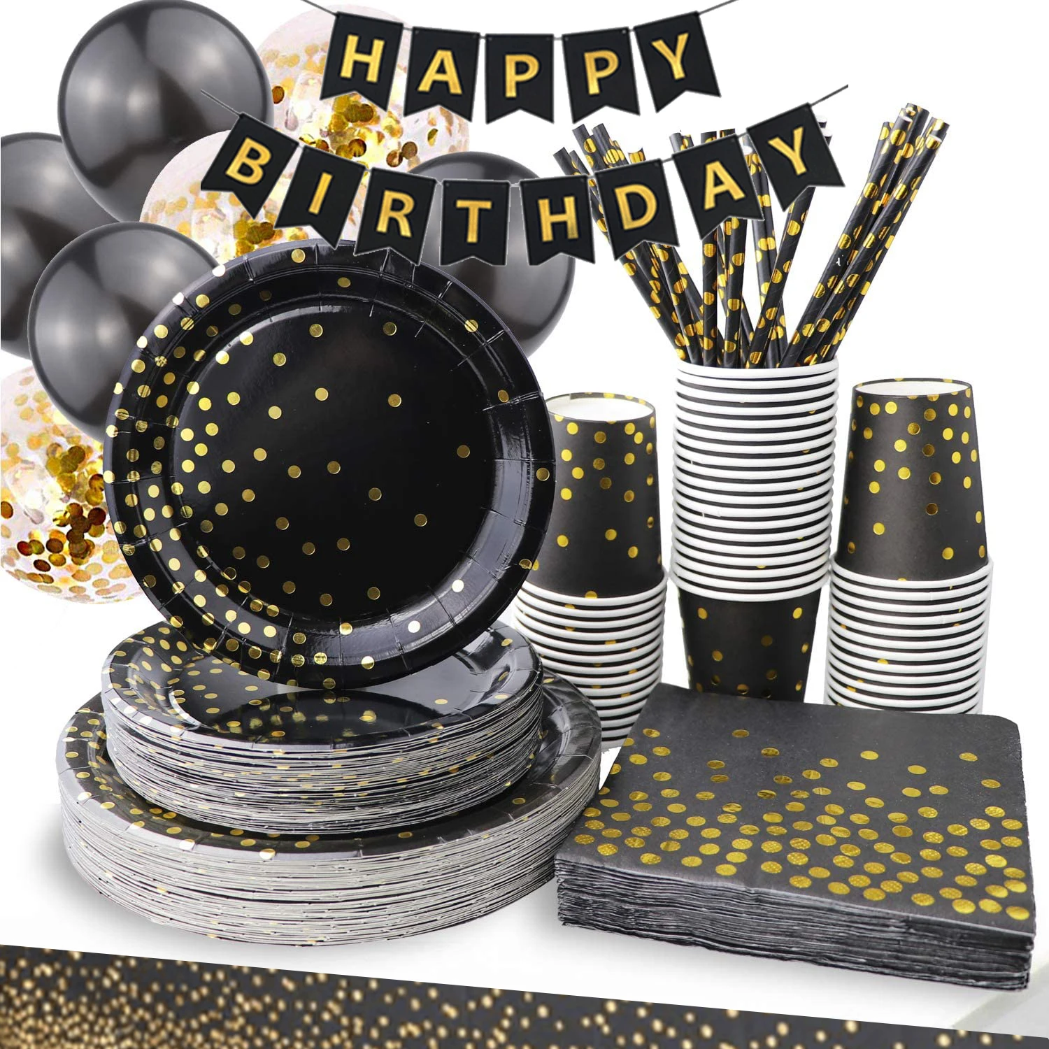 Black Gold Dot Disposable Party Tableware Set Includes Paper Plate
