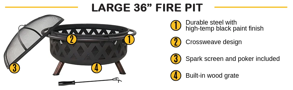 Outdoor Fire Pit - 36 Inch Large Bonfire Wood Burning Patio & Backyard Firepit