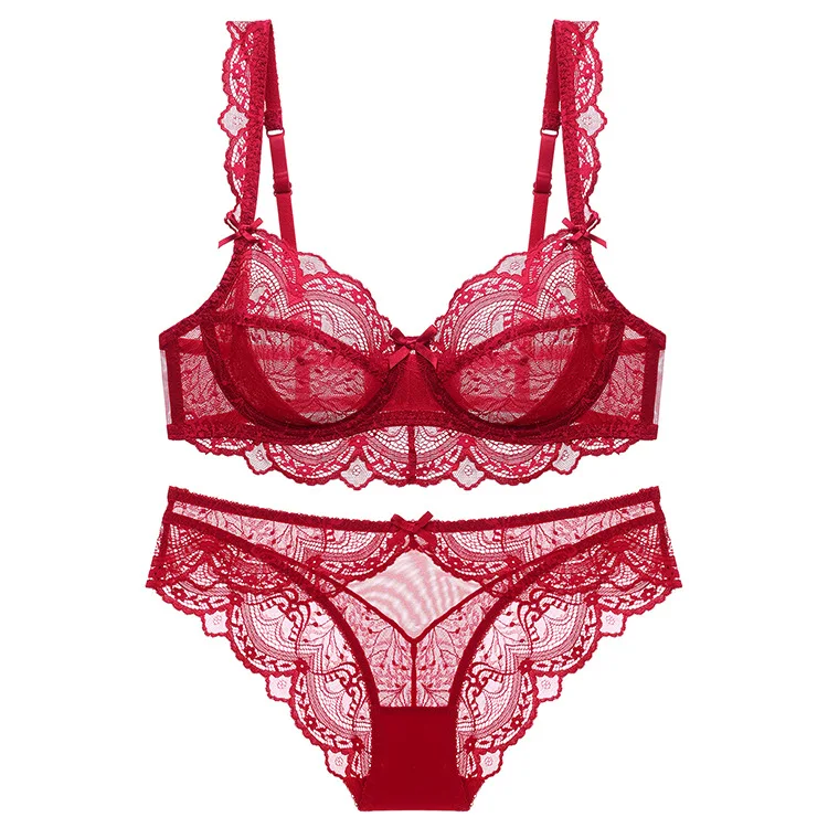 Women's Ultra-Thin Non-Sponge Transparent Lace Bra Set Floral Embroidered Sexy Underwear Large Chest Breathable Plain Dyed Waist
