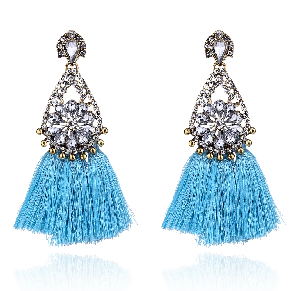 波西米亚水晶水钻流苏耳环丝绸面料长吊坠流苏耳环为妇女珠宝