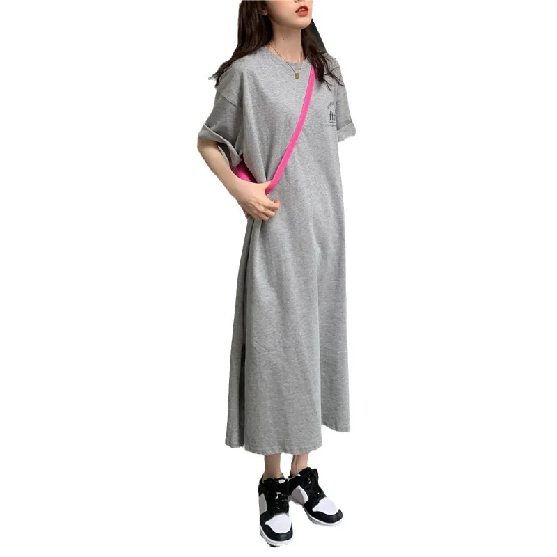 Wholesale Summer Korean Fashion Casual Long Loose Dress Women Oversized  Cotton Maxi Split T Shirt Dress Women