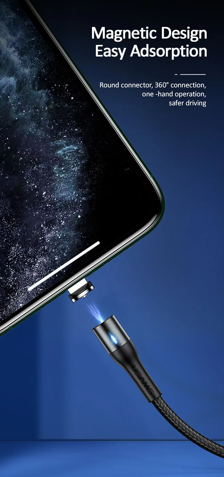 USAMS 3 in 1 Universal Port Nylon Braided Magnetic 3A Data Charging USB Cable