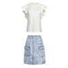 Newyly Arrival 2 Piece Set Women Clothing White Stylish T Shirt and Shinny A Line High Quality Jeans Skirt Dress