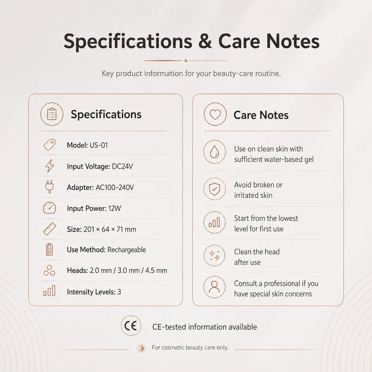 Ultrasonic Beauty Device Specifications