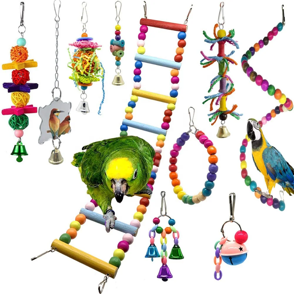 Parrot Cage Toys Bird Swing Toys Bells Bird Perch With Natural Wood ...