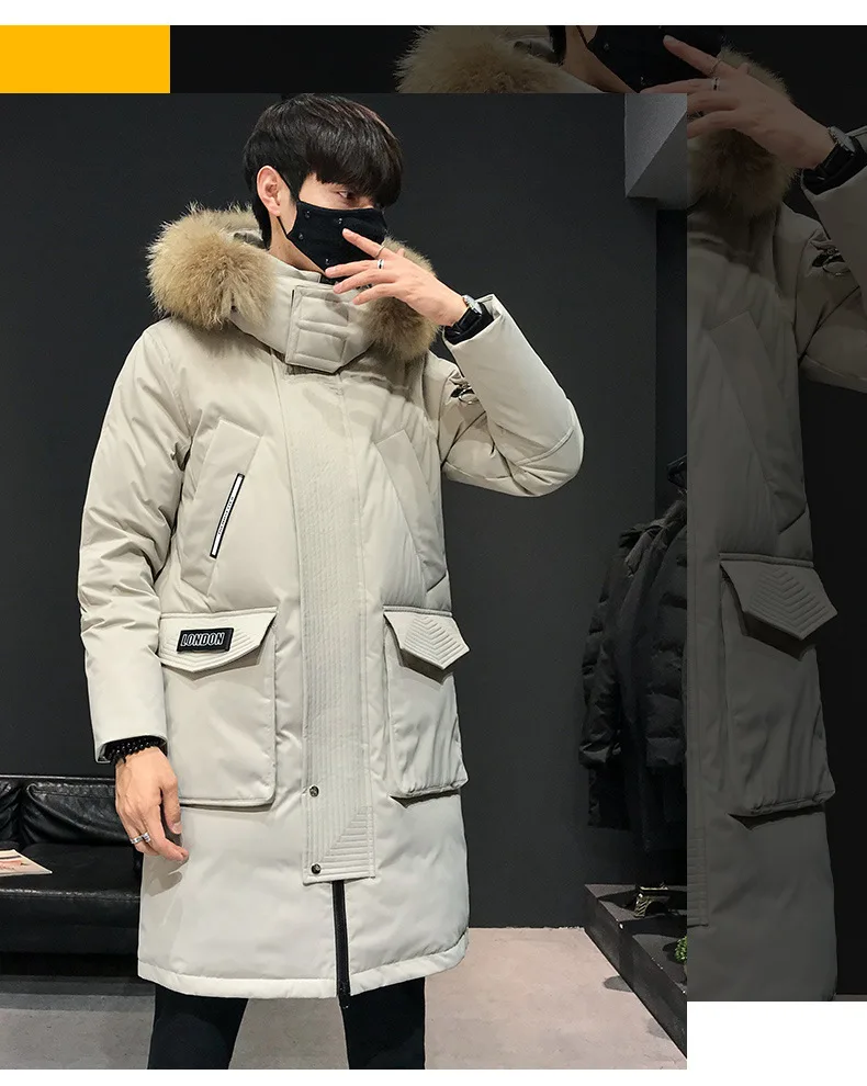 Japanese Long Black Down Jacket Coat Men Fur Parka Winter Long Trench Coat For Men