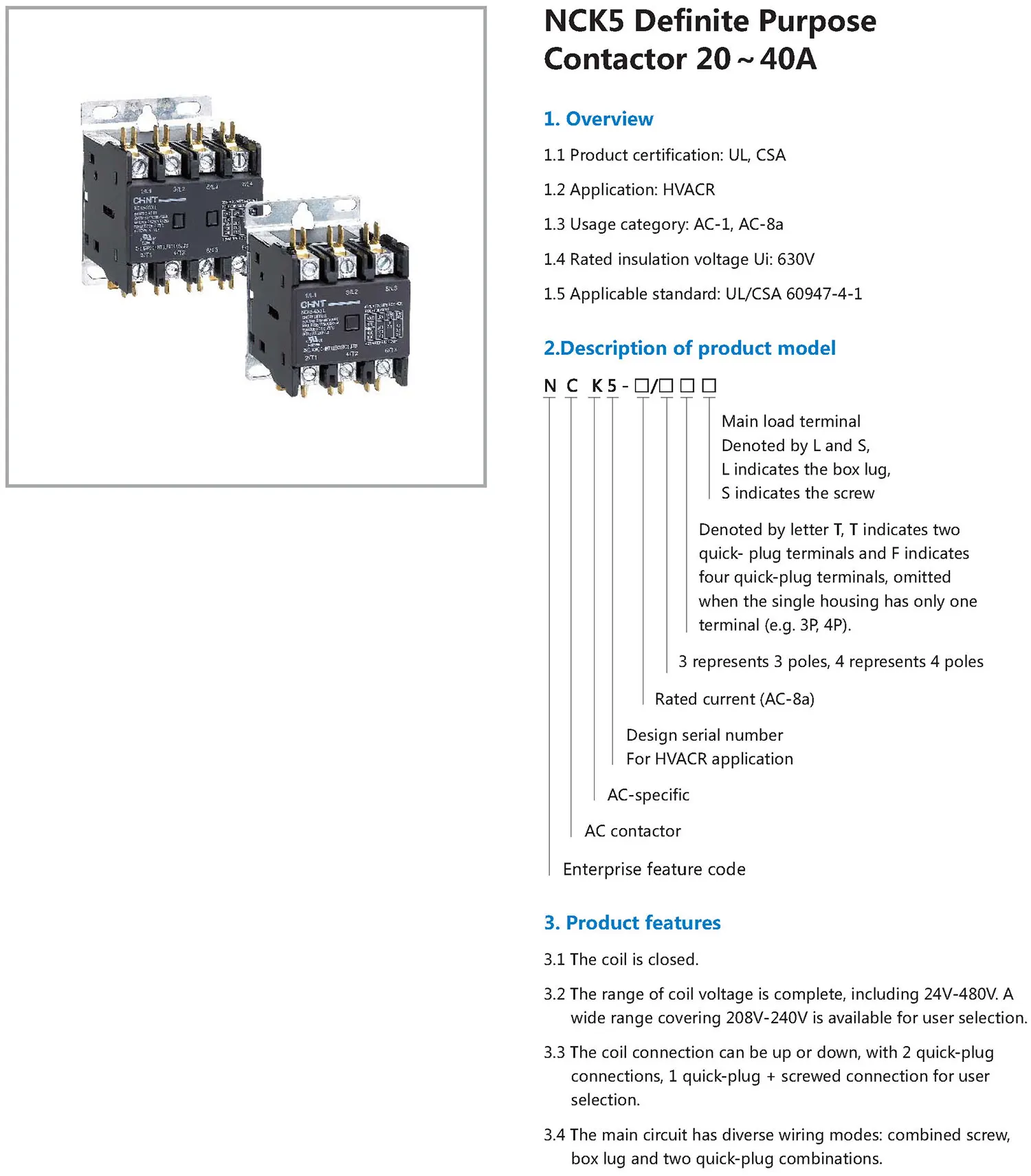 Chint original NCK5 Definite Purpose Contactor NCK5-25 NCK5-32 NCK5-40 CHNT Air Conditioner Contactor