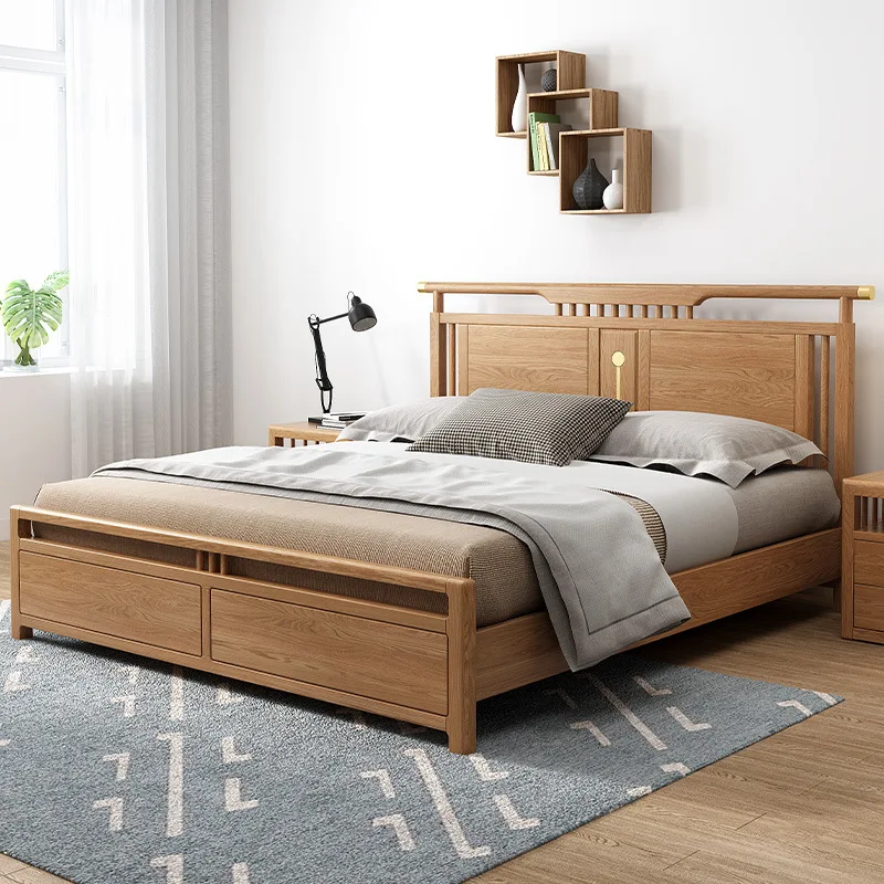 product-2020 multifunctional natural wood color full size soild wooden bed sets luxury bedroom moder