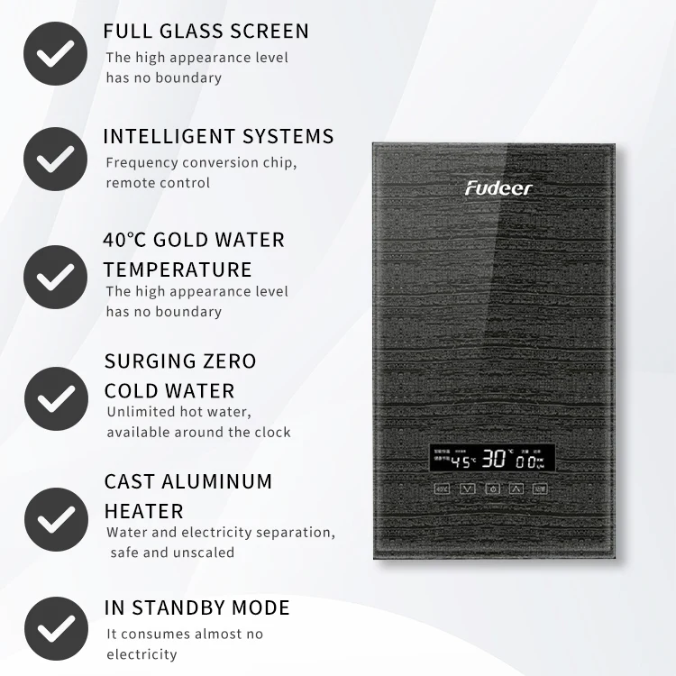 10kw Temperature Display Tempered Glass Panel Tankless Instant Electric Water Heater With Remote
