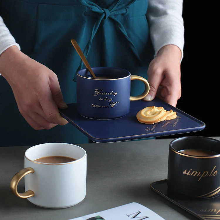 European style matte glaze golden rim luxury ceramic mug latte coffee porcelain cups with square saucer .jpg