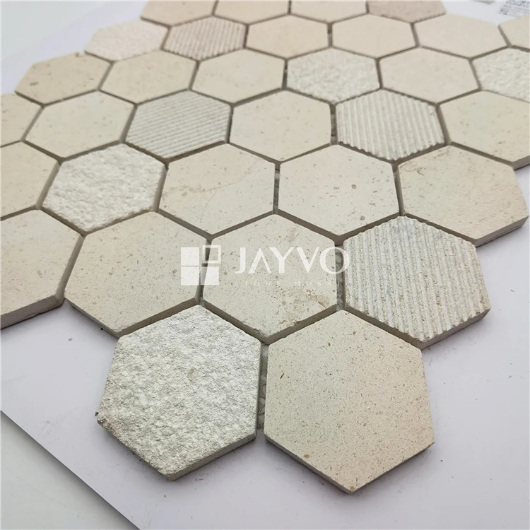 Outside Wall Decorative Hexagon Beige Creamy Tile Irregular Stone Mosaic Tiles Golden Select Mosaic Wall Tile