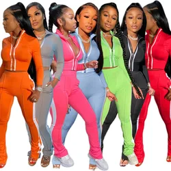 Casual 2 Two Piece Set Women Sexy Pink Outfits Crop Top Stacked Pants Leggings Women Matching Sets Ladies Tracksuit Female