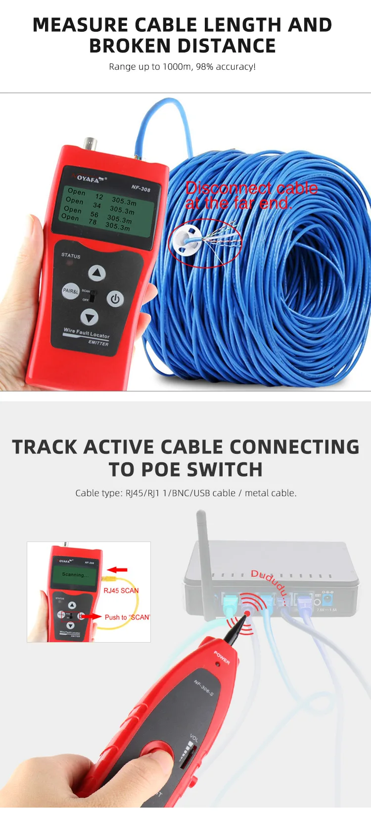 Portable Stp Utp Cable Length Measurement Tester Networking Tool