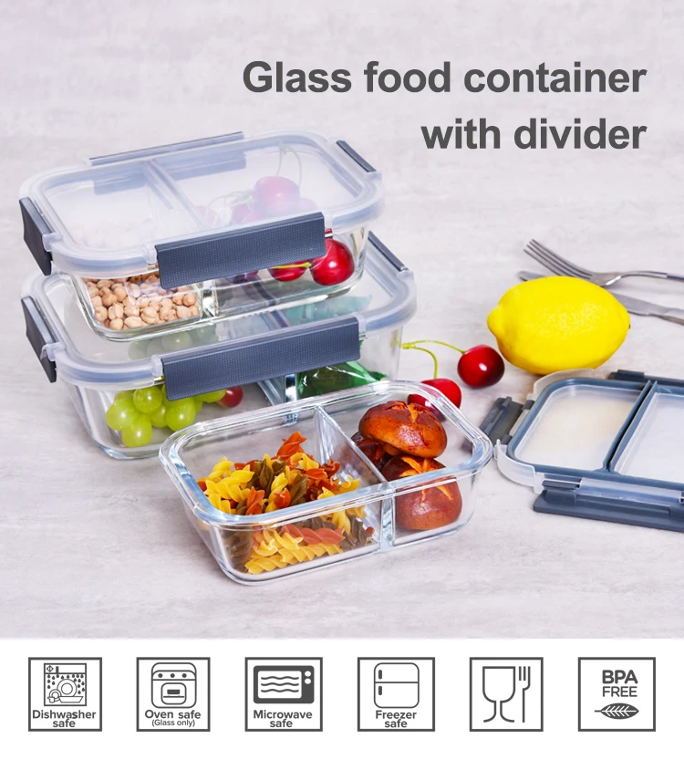 Lunch Box Glass Bento Box With 2 Compartment Microwave Safe Glass Bento